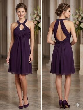 XSCAPE Sleeveless Beaded Halter Cocktail Dress - Deep Plum. Size 4P